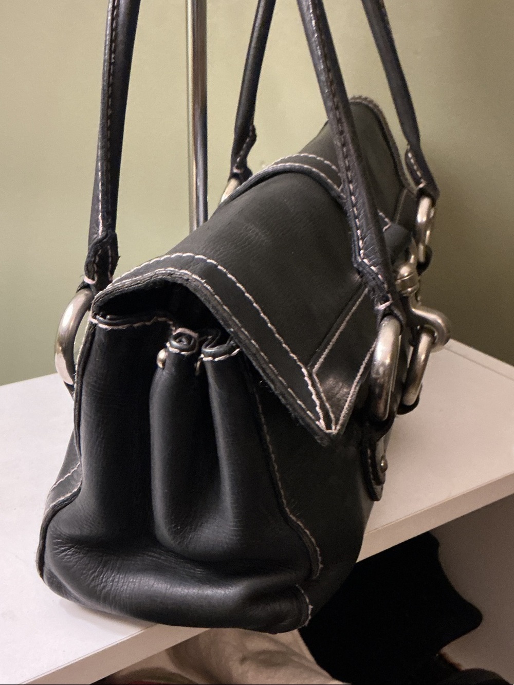 Marc Jacobs Vintage Black Leather Double-Handle Shoulder Bag Pink Stitching - Picture 4 of 13